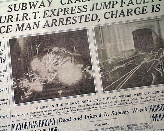 <h3 class="cms-H3-H3"><b>Descarrilamiento en Times Square (1928)</b></h3>
<br>
<br>En plena época del jazz, un catastrófico accidente de subway en el centro de la ciudad dejó a cientos de heridos y cobró la vida de 16 personas. Ocurrió cuando interruptor de vía roto causó que un tren descarrilamiento de un tren de la línea IRT. Se considera el segundo accidente más mortífero, después del accidente de Malbone.