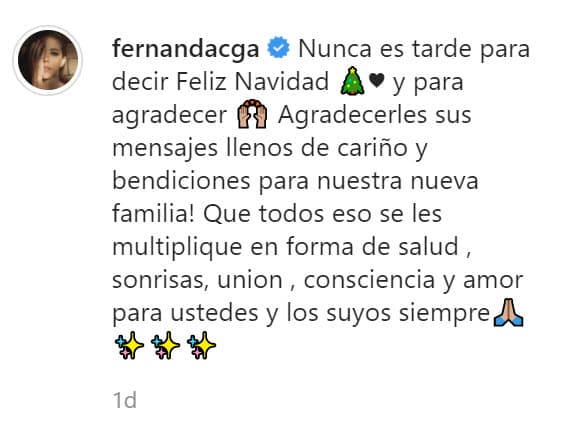 "Nunca es tarde para decir Feliz Navidad y para agradecer. ¡
<b><a href="https://www.instagram.com/p/CJRO2-6F8L2/" target="_blank">Agradecerles sus mensajes llenos de cariño </a></b>y bendiciones para nuestra nueva familia!", escribió deseando lo mejor para sus seguidores.