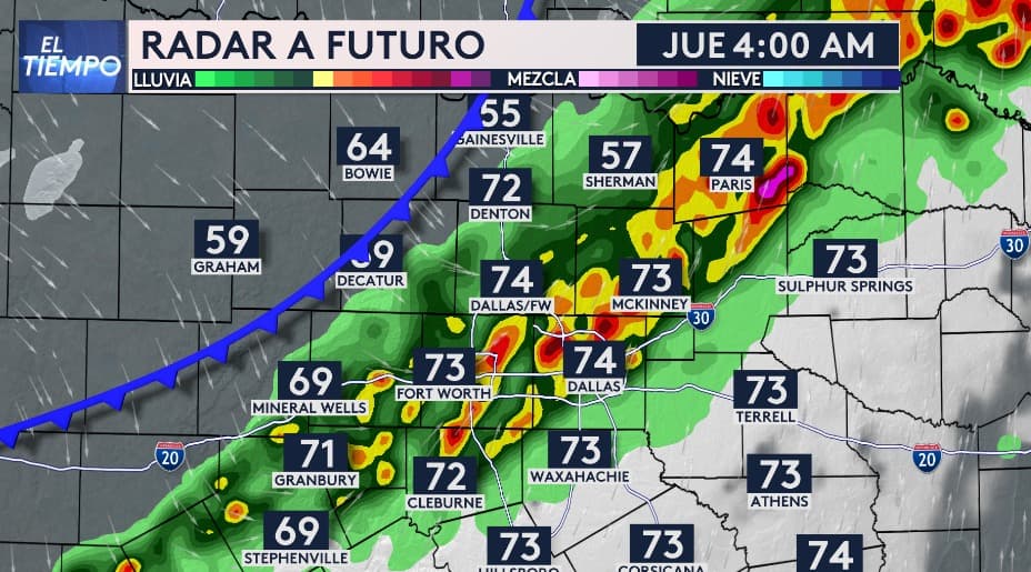 Las imágenes del radar indican que,
<b>alrededor de las 4 a.m., áreas como Dallas, Fort Worth y McKinney podrían experimentar lluvias y tormentas</b>, que variarían de intensas a severas.