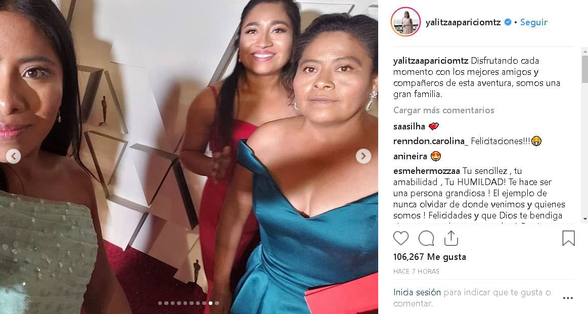 Aunque no ganó la estatuilla dorada, 
<b><a href="https://www.univision.com/famosos/los-besos-de-yalitza-y-otros-grandes-momentos-mexicanos-en-la-entrega-de-los-oscar-fotos">durante la gala Yalitza Aparicio lució muy feliz</a></b> y no perdió oportunidad de conservar un recuerdo de todo lo que sucedió detrás de cámaras.