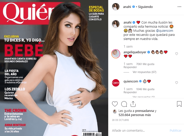 La exintegrante de RBD se dijo ilusionada y compartió la portada de la revista Quién, donde habló sobre la espera del nuevo integrante de la familia.