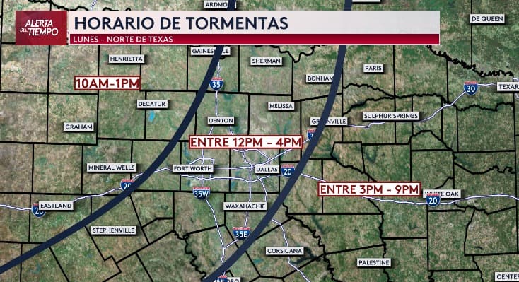 <b>El sistema se desplazará de oeste a este sobre nuestra región</b>. A partir de las 10 de la mañana, se sentirán sus efectos en áreas como 
<b>Graham, Decatur y Mineral Wells</b>. Al mediodía, se espera que impacte el 
<b>área metropolitana de Dallas-Fort Worth</b>. Después de las tres de la tarde, afectará zonas al oeste, incluyendo 
<b>Palestine, Corsicana y Sulphur Springs</b>.