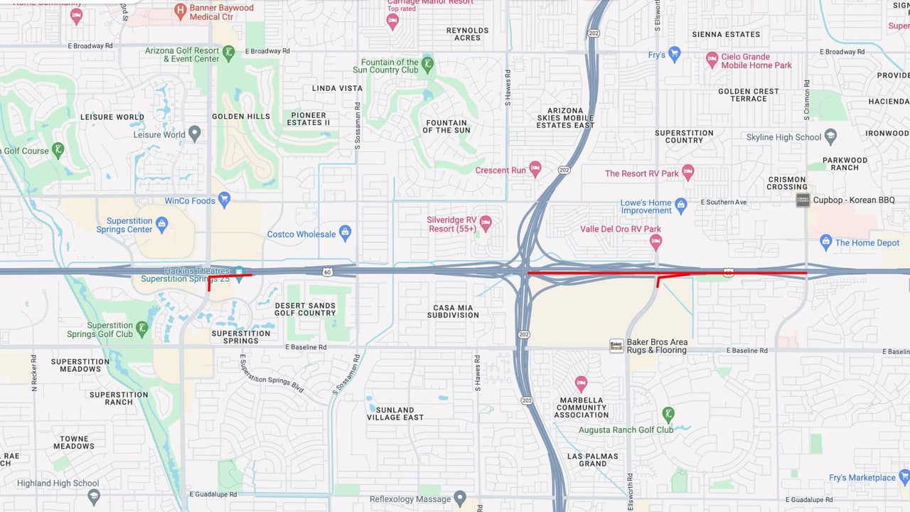 <b>US 60 Este</b>
<br>La US 60 en dirección este cerrará entre Loop 202 y Crismon Road en Mesa, a partir de las 9 p.m. del viernes 10 de mayo, y hasta las 5 a.m. del lunes 13 de mayo.
<br>
<br>Ambas rampas del Loop 202 hacia la US 60 en dirección este cerrarán. Así como las rampas de acceso de la US 60 en dirección este, en las carreteras Power y Ellsworth. 
<br>
<br>
<b>Rutas alternas</b>
<br>Los conductores de la US 60 en dirección este pueden considerar salir antes del cierre y usar rutas locales, incluidas Baseline Road o Southern Avenue en dirección este, para viajar más allá del cierre.