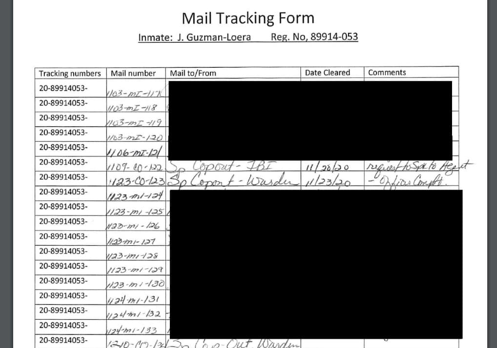 Registro de la correspondencia recibida y enviada por Joaquín 'El Chapo' Guzmán en la prisión ADX Florence en Colorado.