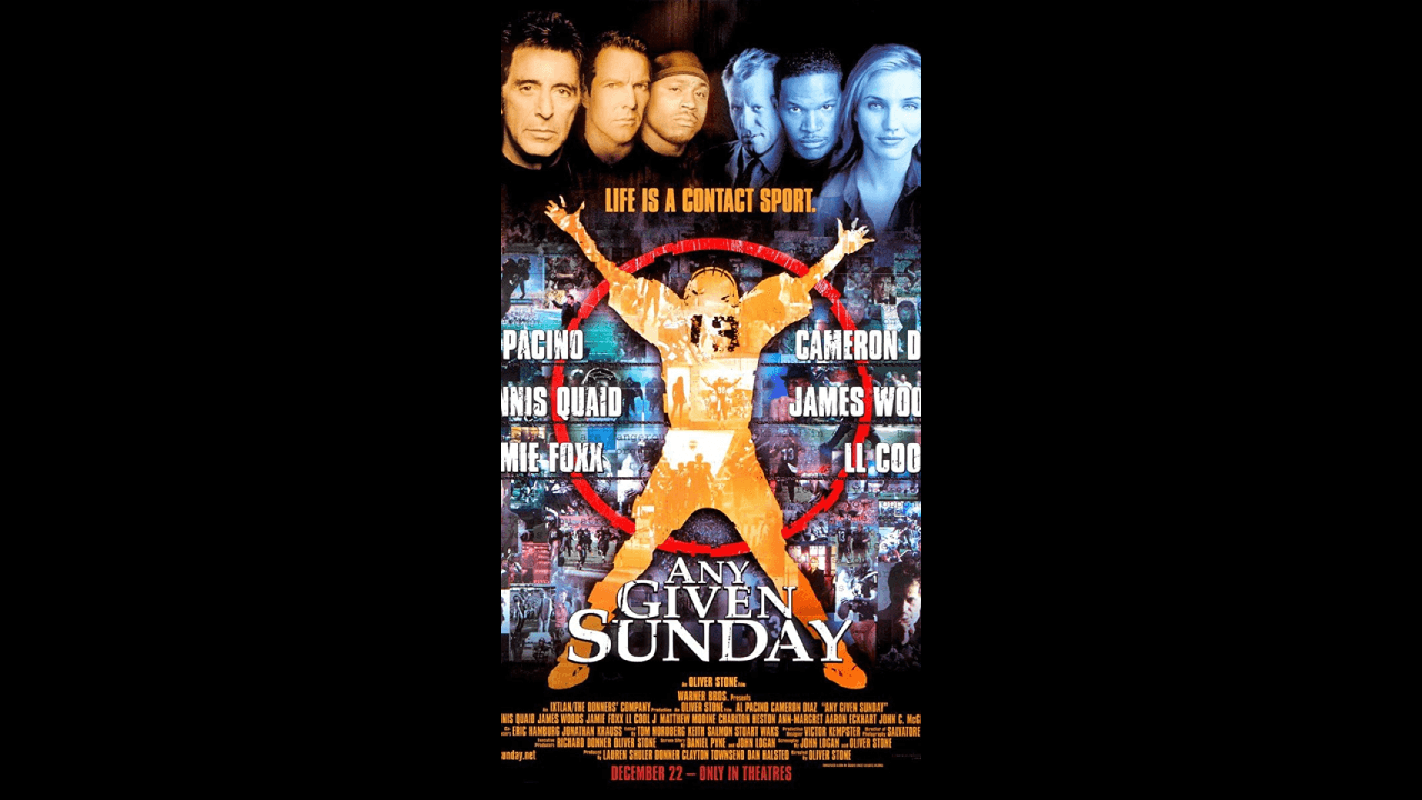 'Any Given Sunday' (1999) | Oliver Stone logra adaptar la pasión y locura que rodea este deporte. Al Pacino, Cameron Diaz, Dennis Quaid y Jamie Foxx encabezan un increíble elenco en una película que ofrece una visión completa y espectacular del negocio de la NFL.