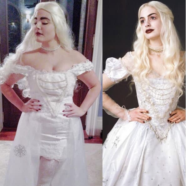Aquí con su disfraz de Halloween, la reina blanca de Alice in Wonderland.