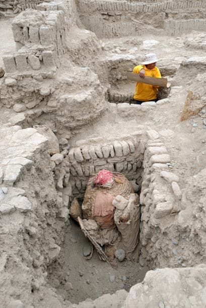 Flores Espinosa, directora del proyecto arqueológico de excavaciones en la Huaca, explicó que se presume que el personaje principal de la tumba es una mujer, posiblemente una tejedora, a la que acompañan dos bebés y un niño.