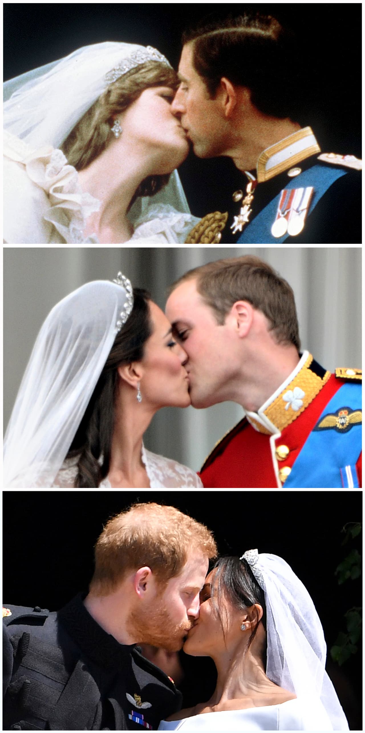 Además de los duques de Sussex, otros de los más celebres de la realeza británica corresponden al de la boda de Kate Middleton y el príncipe William; además del icónico beso de Lady Di con el heredero al trono del Reino Unido, el príncipe Carlos.