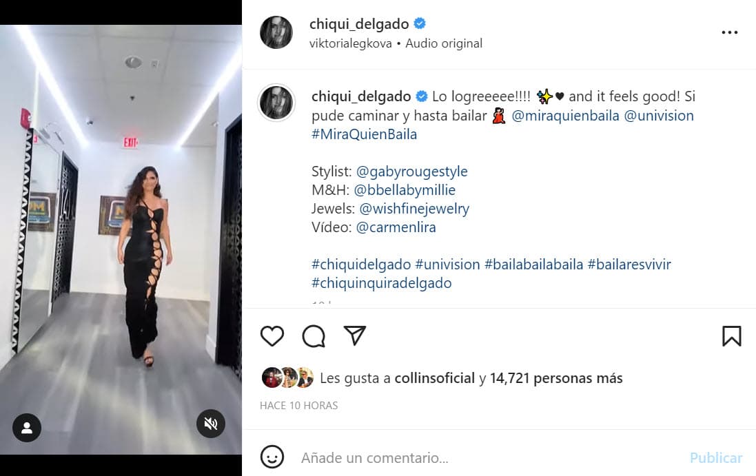 Más tarde, Delgado realizó otra publicación en donde se le vio caminar sin problema alguno con la prenda: "¡Lo logré y se siente muy bien! 
<b>Sí pude caminar y hasta bailar</b>".