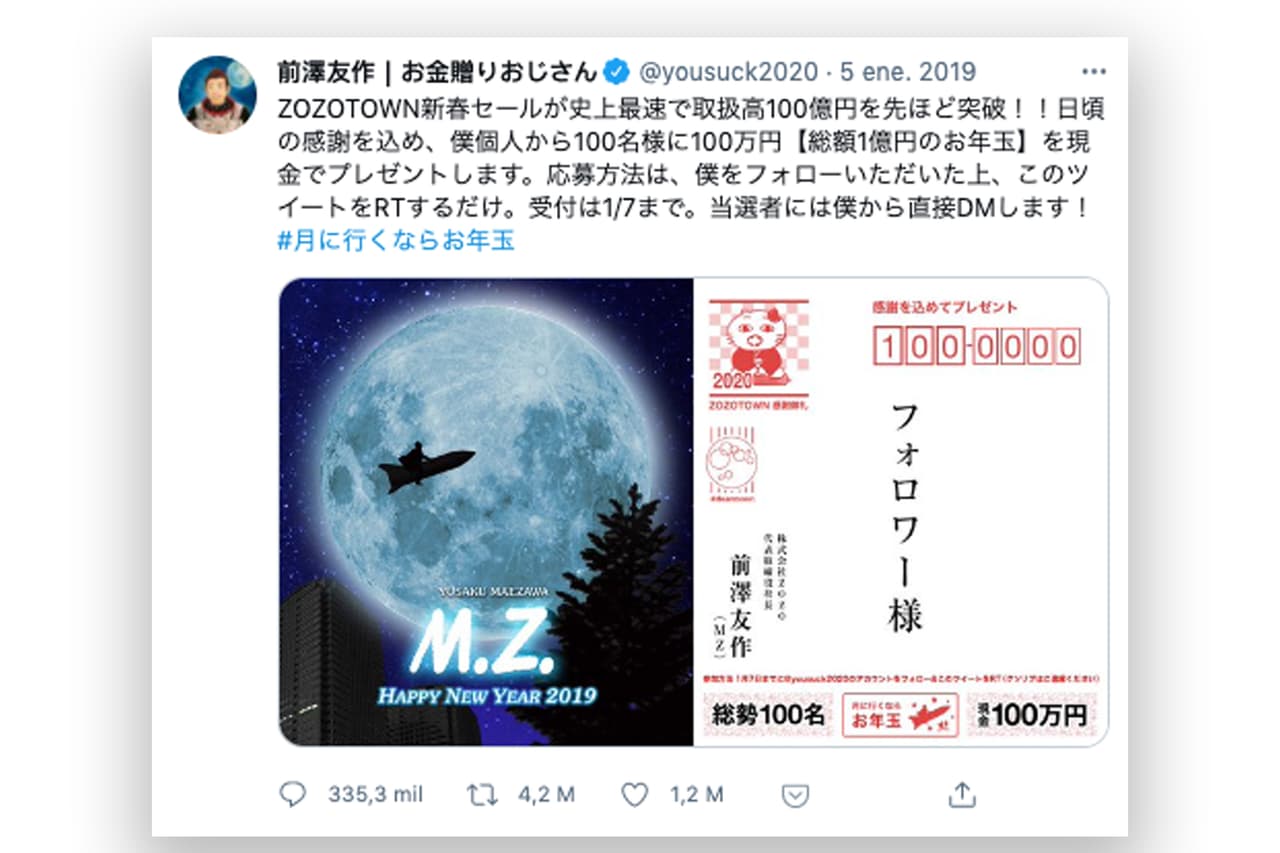 Otro récord fue marcado por el multimillonario japonés Yusaku Maezawa, quien en 2019 anunció en Twitter que iba a distribuir mil millones de yenes ($ 9 millones) a sus seguidores, entre aquellos que republicaran un mensaje de su cuenta @yousuck2020.
<br>
<br>El empresario es el fundador del sitio de moda online Zozo Inc., y logró con dos mensajes muy similares tener la publicación de Twitter más retuiteada de la historia. Una obtuvo más de 4,3 millones y la otra 4,1 millones de veces.
<br>