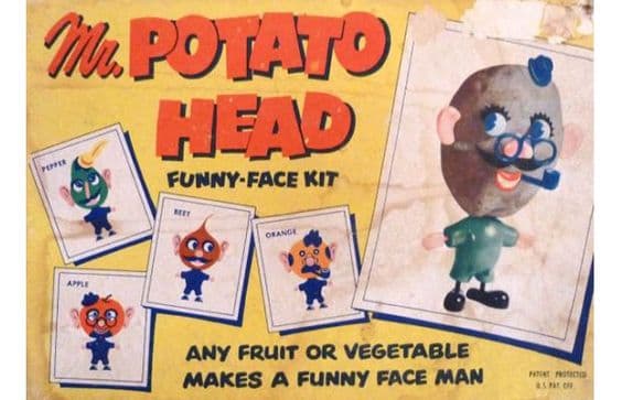 <b>Mr. Potato. </b>Al creador de Mr Potato, George Learner, se le ocurrió animar a los niños a comer verduras convirtiéndolas en juguetes más apetecibles. Y así nació Mr. Potato, que se convirtió en el primer juguete en tener un anuncio de televisión. La versión de plástico apareció en 1964, la misma que hoy conocemos y que Disney relanzó con su Toy Story.
<b> </b>