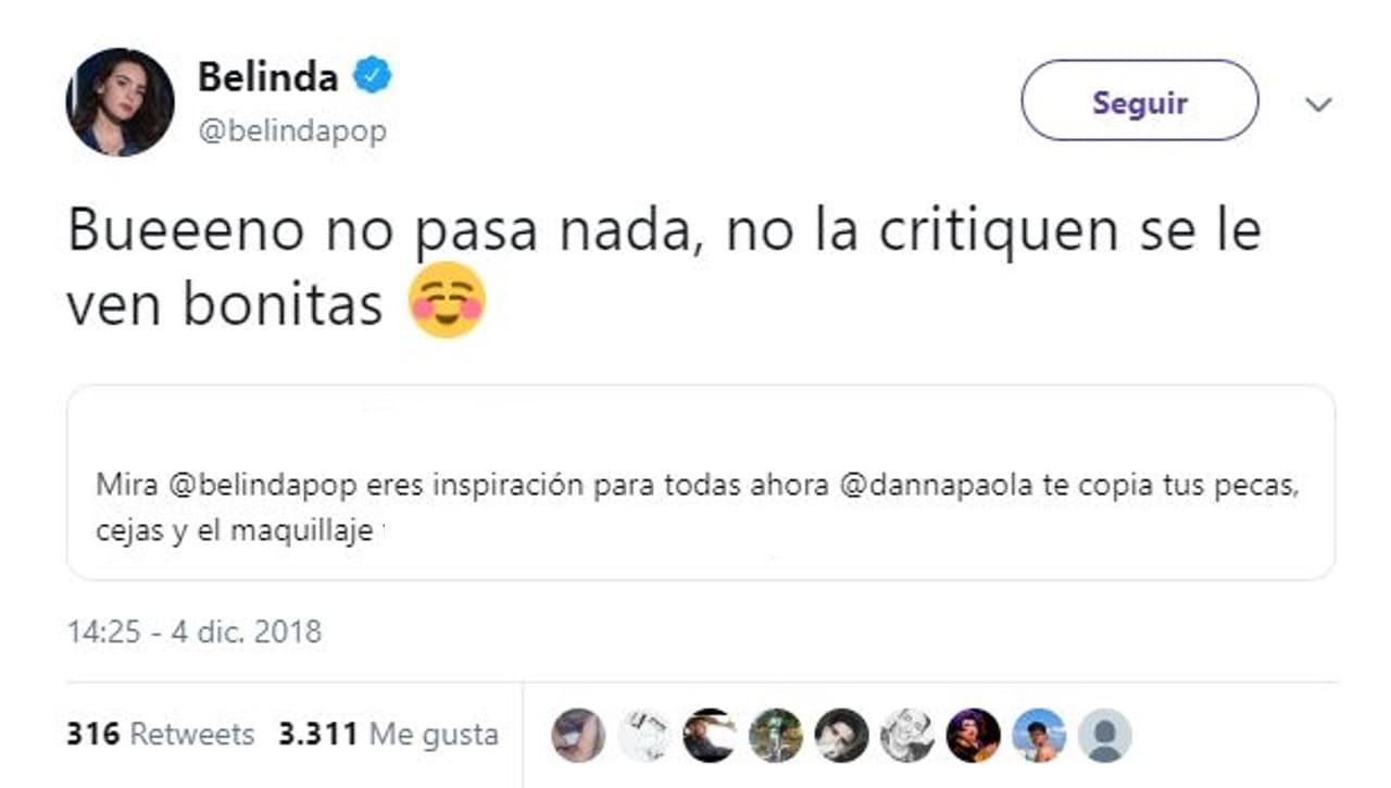 Contrario a lo que muchos esperaban, la intérprete de 'Boba niña nice', contestó al tuit de esta forma.