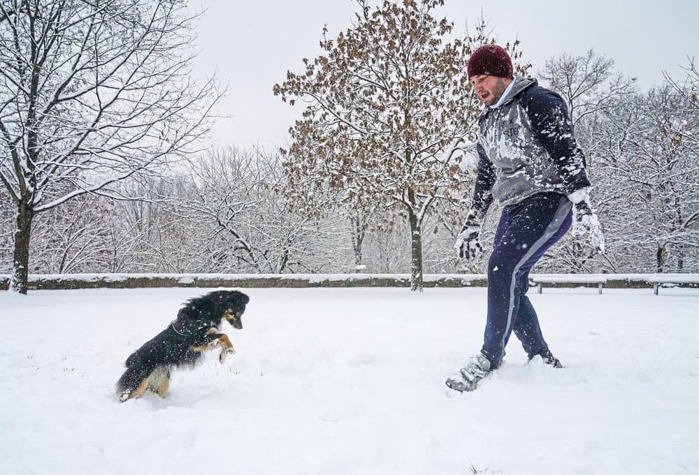 Alex DiMichele juega con su cachorro llamado Poppy, en parque Point State, en el centro de Pittsburgh, que se ha cubierto totalmente por la nieve.