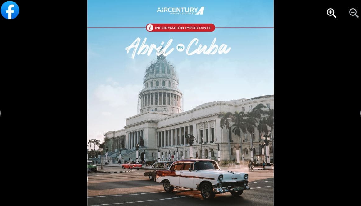 Facebook está lleno de anuncios de vuelos de Cuba a Nicaragua. Este, de Air Century, muestra una imagen del emblemático edificio del Capitolio en La Habana.