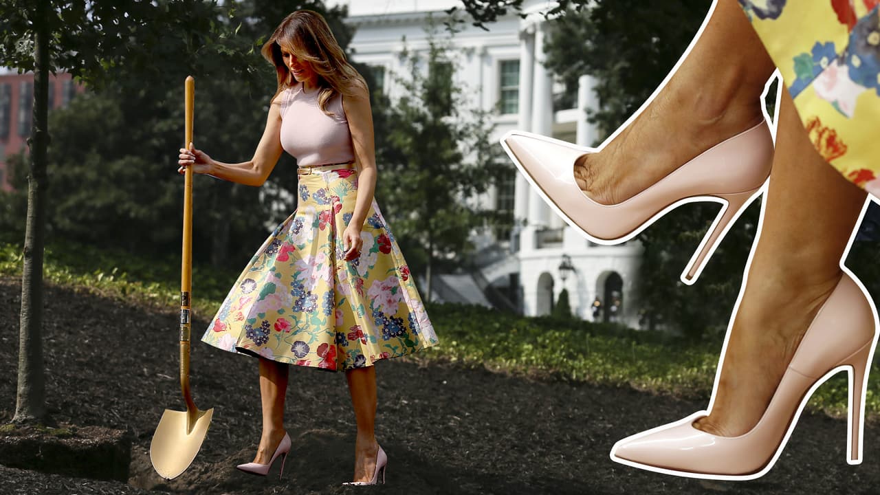 Taconazos para plantar un árbol: el costoso look de jardín de Melania Trump