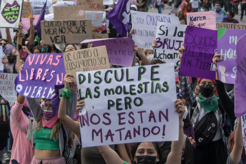 <b>México</b>
<br>
<br>Miles de mexicanas salieron a las calles en diversas partes del país. Esta imagen, tomada en la Ciudad de México, muestra a manifestantes que sostienen pancartas con mensajes como "Disculpe las molestias, pero nos están matando".