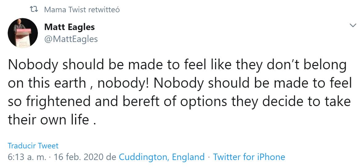 En una segunda publicación, retomó un mensaje que hablaba de suicidio, supuesta causa de la muerte de Caroline Flack: "¡Nadie debe sentirse como si no perteneciera a esta tierra, nadie! Nadie debe sentirse tan asustado y desprovisto de opciones, que deciden quitarse la vida". 
<br>