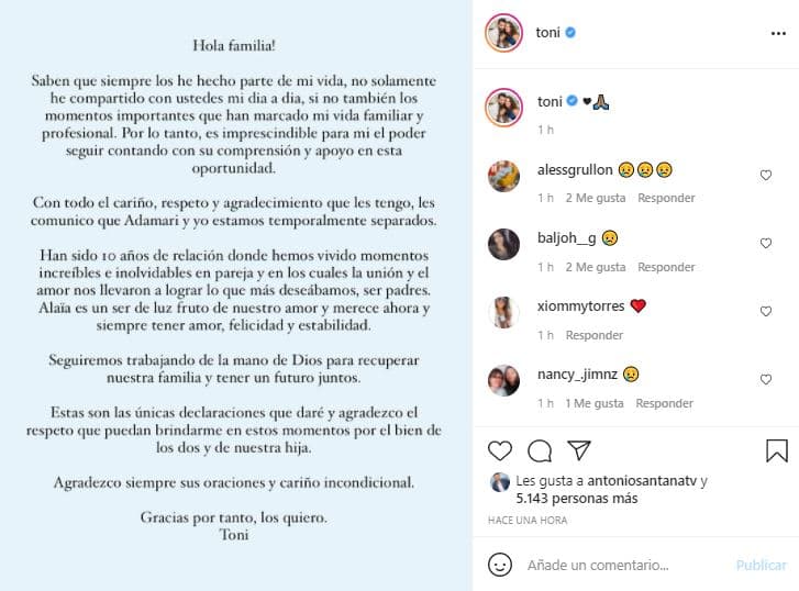 Minutos después, el bailarín español publicó un comunicado en su perfil: 
<b><a href="https://www.univision.com/famosos/toni-costa-separacion-adamari-lopez">"Han sido 10 años de relación, donde hemos vivido momentos increíbles e inolvidables en pareja</a></b>, y en los cuales la unión y el amor nos llevaron a lograr lo que más deseábamos, ser padres", anotó.