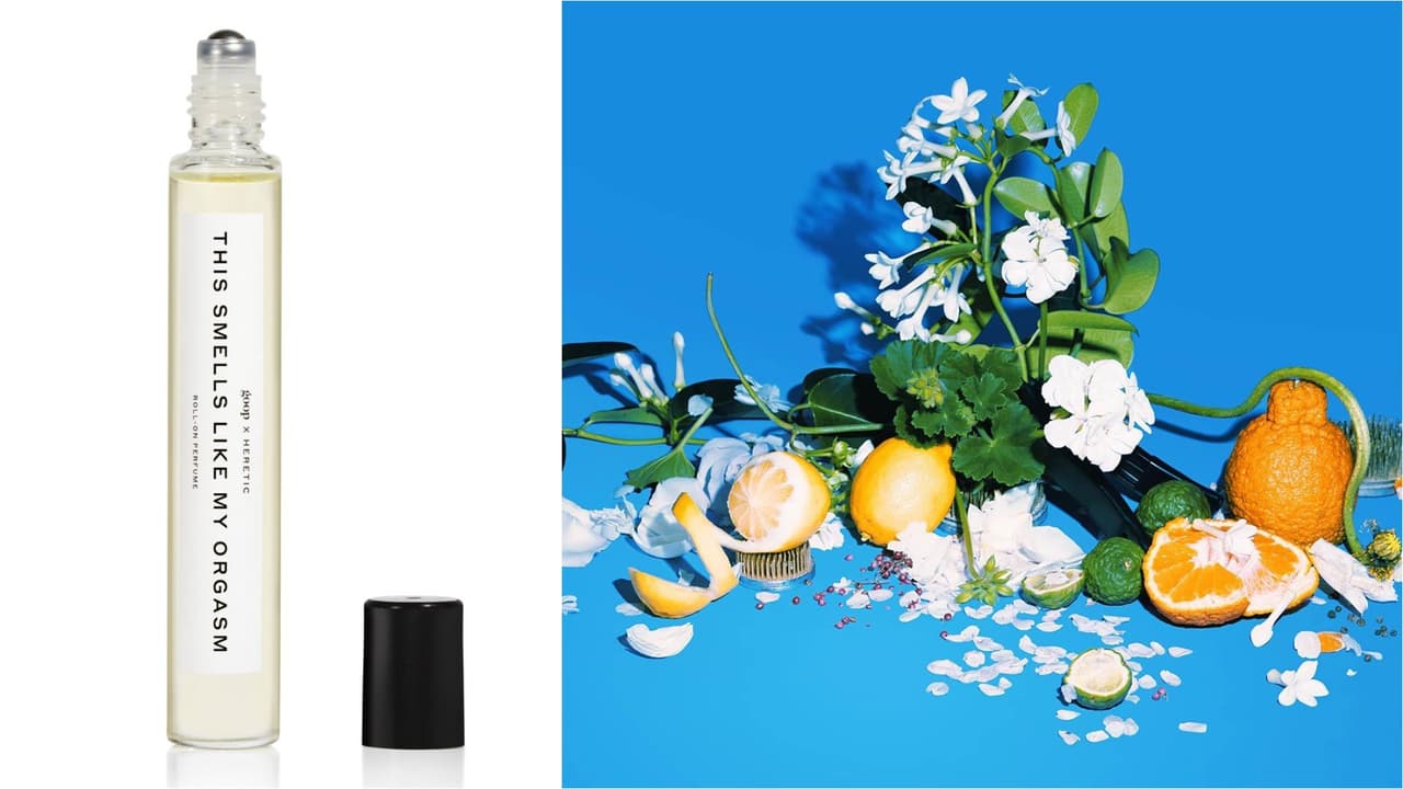 <a href="https://goop.com/goop-x-heretic-this-smells-like-my-orgasm-roll-on/p/" target="_blank">Perfume This smells like my orgasm</a> de Herectic x Goop en roll-on de 10ml. 
<br>
<b>Precio: $45</b>
<br>Creada por Heretic x Goop a base de toronja dulce, bayas de cassis y té perla, esta esencia que no se parece a nada que hayas olido antes –literalmente. 
<br>