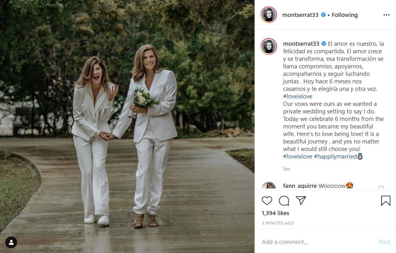 Con una fotografía del día del enlace, la presentadora mexicana escribió: "
<b>El amor es nuestro, la felicidad es compartida</b>. El amor crece y se transforma, esa transformación se llama compromiso, apoyarnos, acompañarnos y seguir luchando juntas". 
<br>