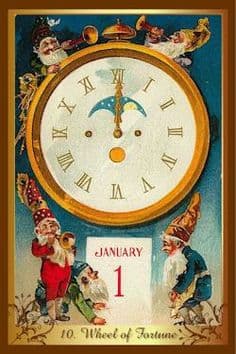 La rueda de la fortuna aquí es un reloj que marca la medianoche, hora en que los niños ya deben estar dormidos esperando la llegada de San Nicolás, pero en esta ocasión es para conmemorar el Año Nuevo. Los duendecitos de Santa acompañan la imagen, listos para la renovación que simboliza la carta.