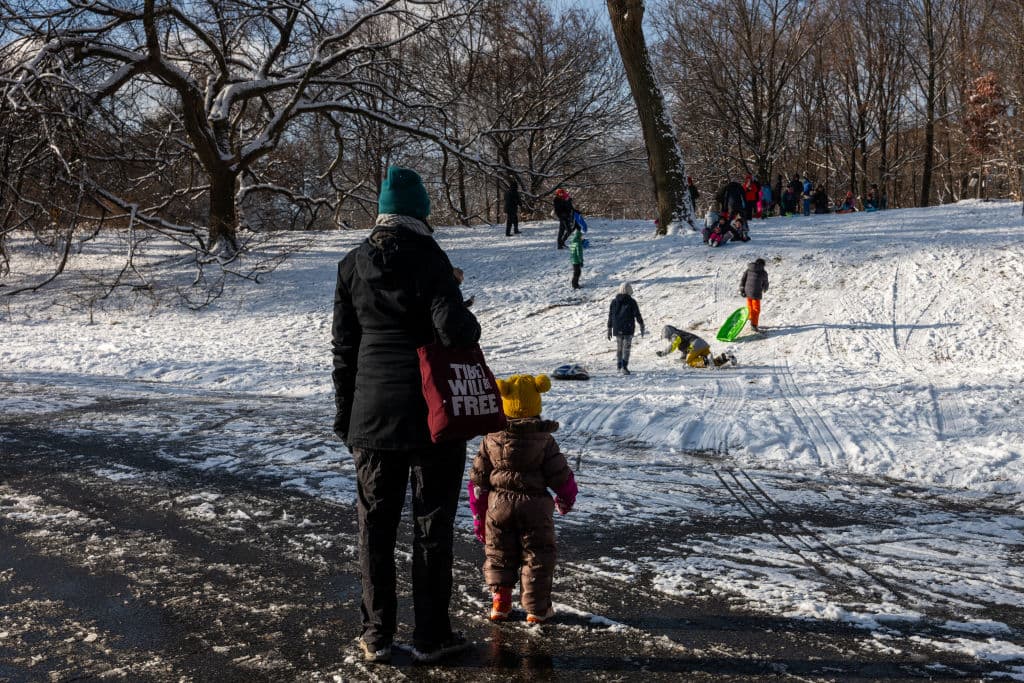 En Brooklyn, se trató de la primera vez en esta temporada que se acumuló algo de nieve. Pequeños y adultos aprovecharon para deslizarse y divertirse este fin de semana, 
<b>intentando sufrir golpes que <a href="https://www.univision.com/local/nueva-york-wxtv/incendios-noche-navidad-dejan-muerto-heridos-nueva-york" target="_blank">trastornaran su Navidad</a></b>.