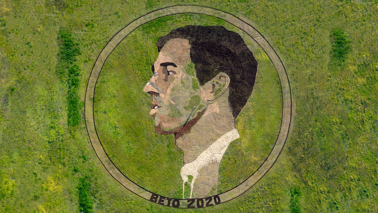 La obra de arte fue creada justo después de que el democráta anunciara que buscaría la presidencia de Estados Unidos en 2020 y según el artista, durará unas dos semanas. Tienen un diámetro de dos acres.