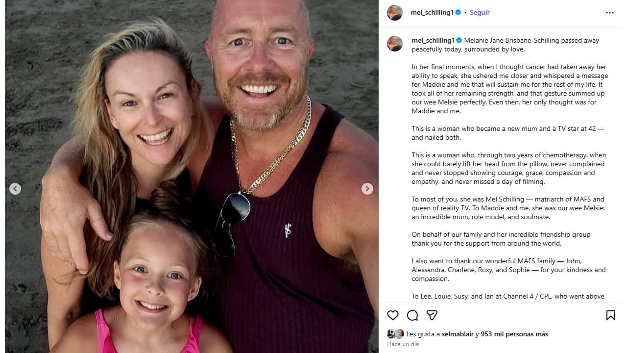 Así informó el esposo de Mel Schilling su muerte.