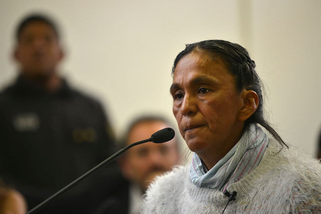 Milagro Sala, the imprisoned leader of the Tupac Amaru neighborhood association, speaks during her court sentence in San Salvador de Jujuy, Argentina on December 28, 2016. Sala received a three-year suspended sentence on December 28, 2016 for damages after calling for a protest against Jujuy Governor Gerardo Morales, an ally of Argentine President Mauricio Macri. / AFP / TELAM / EDGARDO A. VALERA (Photo credit should read EDGARDO A. VALERA/AFP/Getty Images)