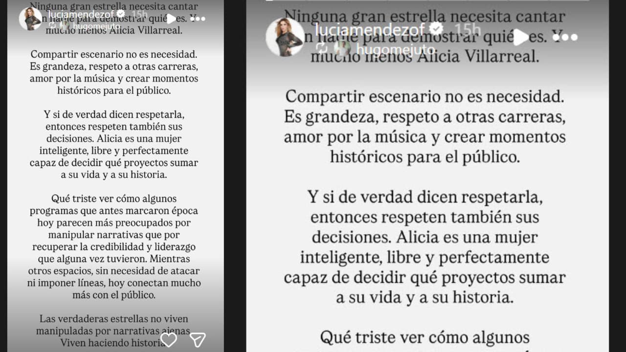 Este es el mensaje con el que Lucía Méndez defendió a Alicia Villarreal luego de que la cantante apareciera cantando con ella y otros artistas. Originalmente, el escrito fue publicado por el productor Hugo Mejuto y después replicado por la actriz.