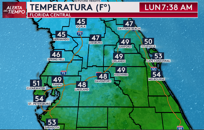 Mapa de temperaturas en Florida central.