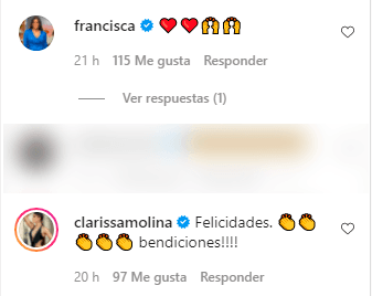 Pero también exreinas de Nuestra Belleza Latina comentaron la foto de la presentadora. 
<b>Francisca Lachapel </b>le puso emojis, mientras que 
<b>Clarissa Molina</b> además de felicitarla le mandó bendiciones.