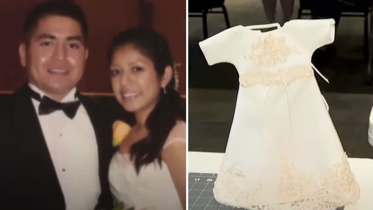 Anabel con su esposo y luciendo su vestido de novia que estuvo guardado por muchos años y ahora es una pequeña 'bata de ángel'.
