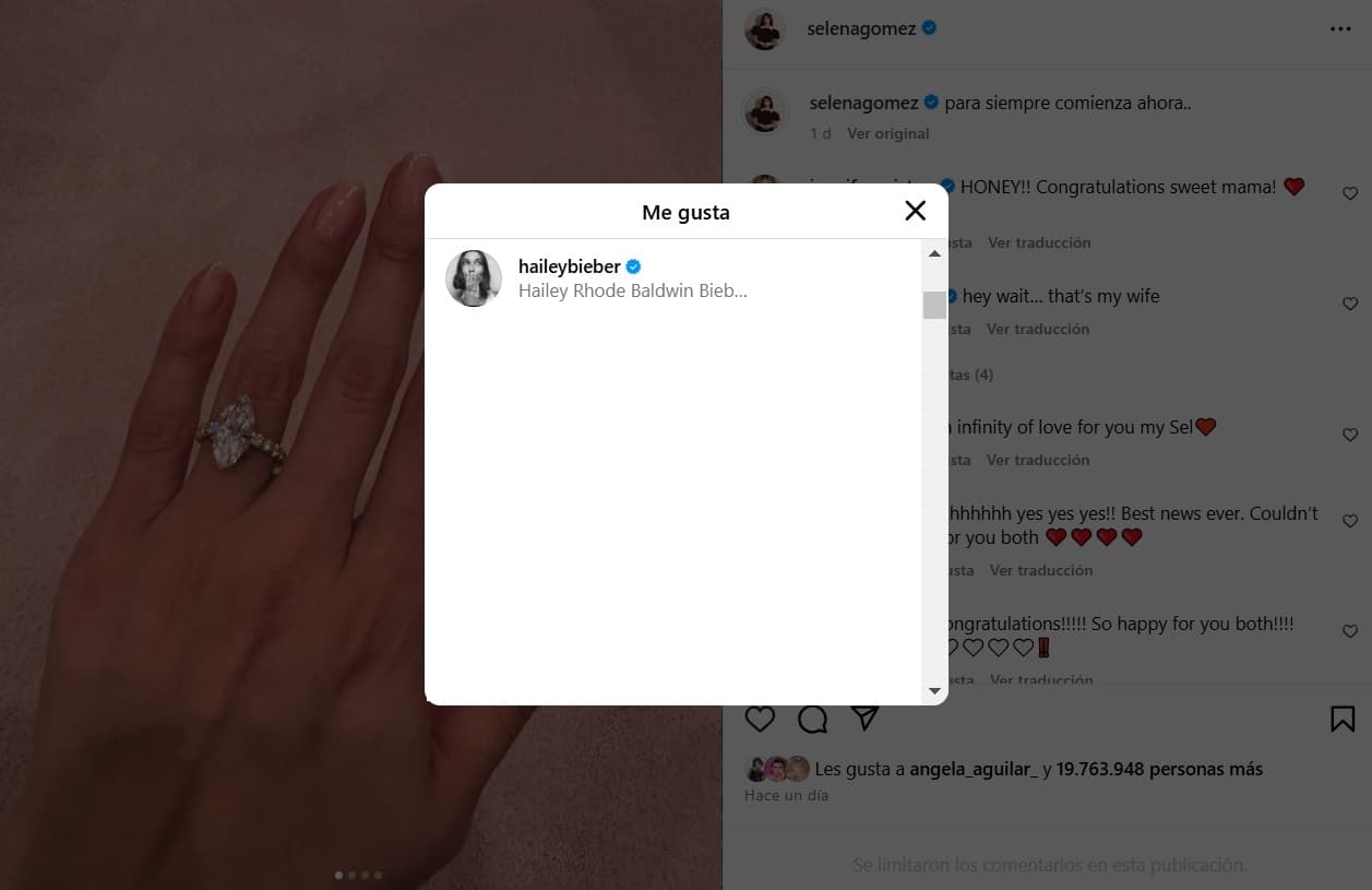 Hailey, esposa de Justin Bieber, reaccionó al compromiso de Selena Gómez.