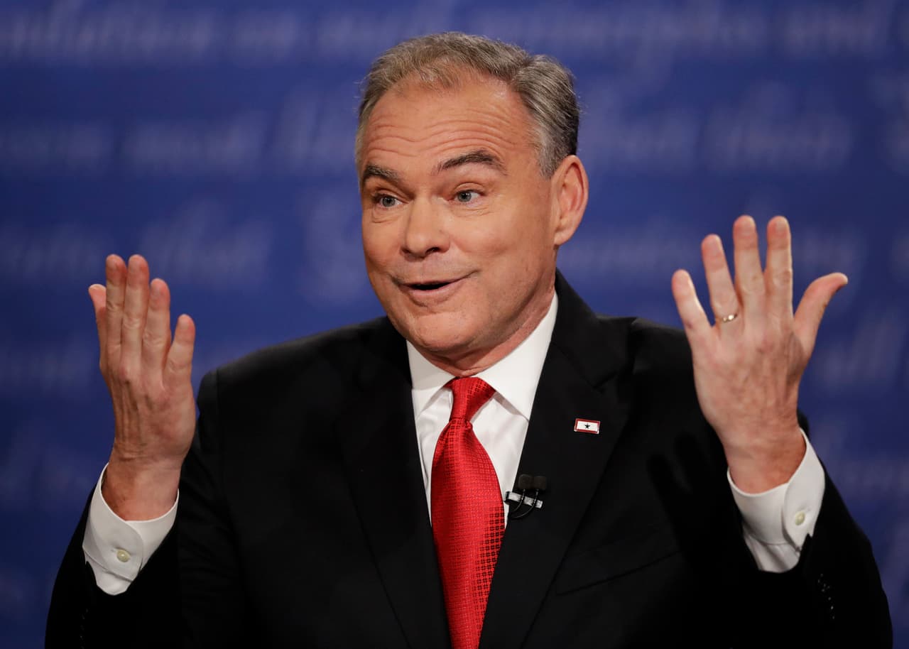 Democratic vice-presidential nominee Sen. Tim Kaine speaks during the vice-presidential debate with Republican vice-presidential nominee Gov. Mike Pence at Longwood University in Farmville, Va., Tuesday, Oct. 4, 2016. (AP Photo/Julio Cortez)