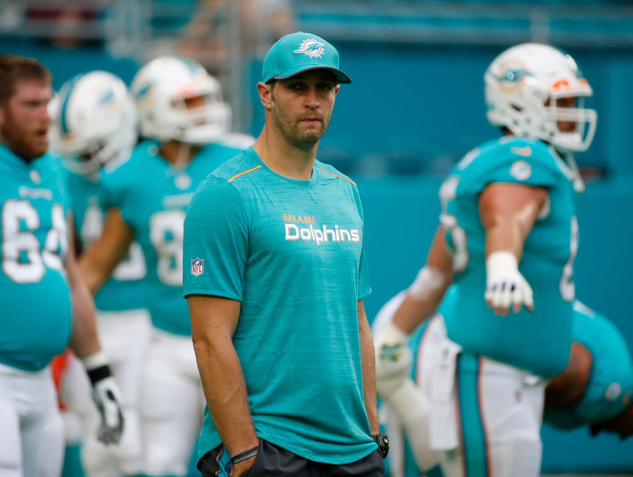 Miami Dolphins quarterback Jay Cutler stands on the sidelines before an NFL preseason football game against the Atlanta Falcons, Thursday, Aug. 10, 2017 in Miami Gardens, Fla. (AP Photo/Wilfredo Lee)