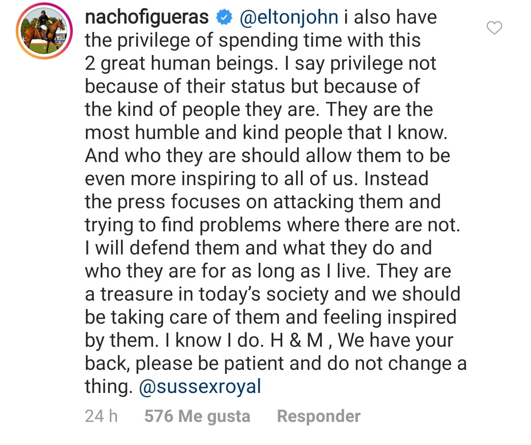 El deportista comentó en la publicación hecha por Elton John el pasado 19 de agosto resaltando que "defenderé lo que hacen y quiénes son mientras viva […] Son un tesoro en la sociedad actual y deberíamos cuidarlos y sentirnos inspirados por ellos".
<br>