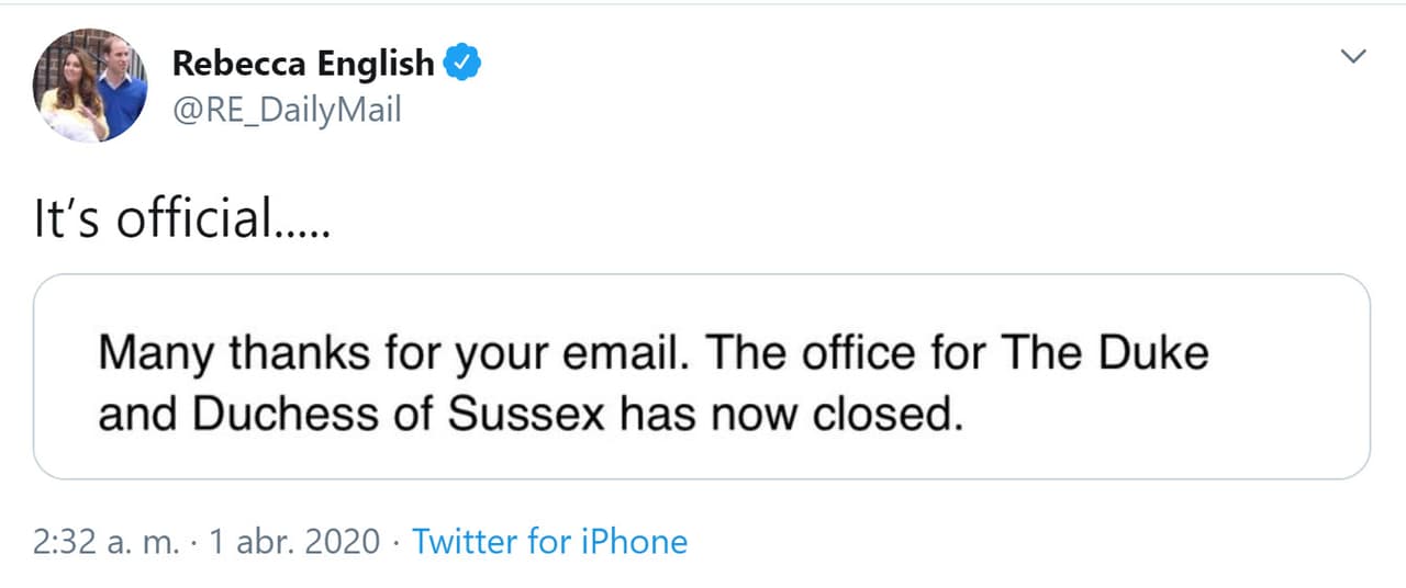"Muchas gracias por su correo electrónico. 
<b><a href="https://twitter.com/RE_DailyMail/status/1245267801750765570" target="_blank">La oficina del duque y la duquesa de Sussex ha cerrado</a></b>", se lee.
<br>