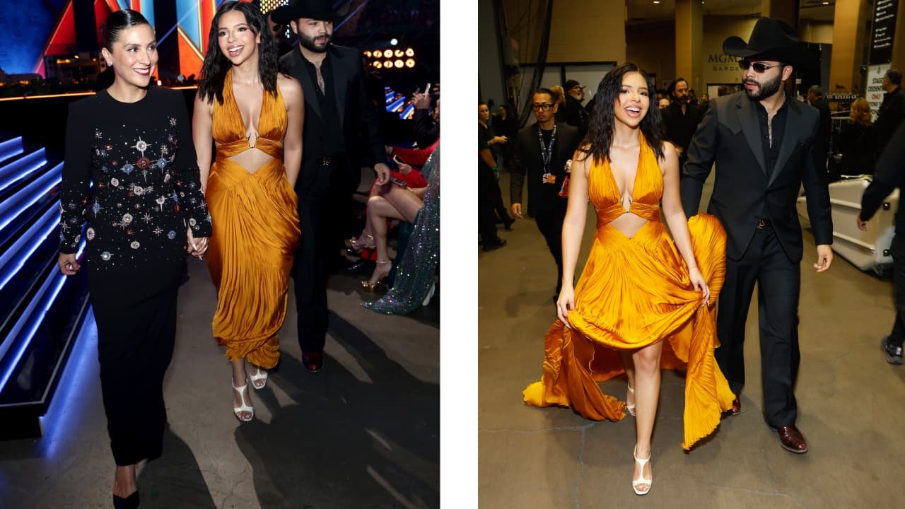 Ángela Aguilar, su madre Aneliz y su hermano Leonardo en los Latin GRAMMY 2025.