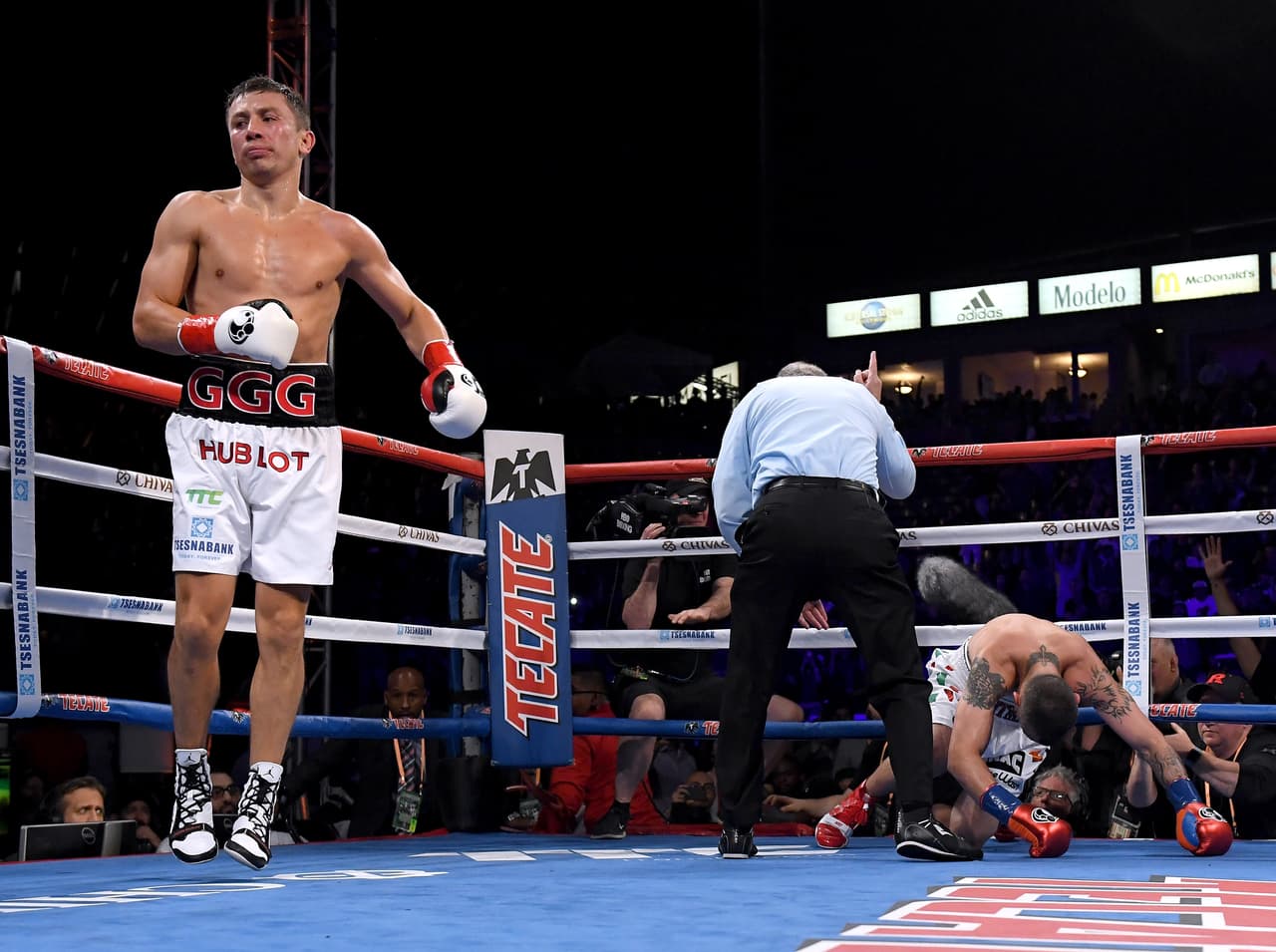 CARSON, CA - MAY 05: Gennady Golovkin reacts as Vanes Martirosyan is counted out in a second round knockout during the WBC-WBA Middleweight Championship at StubHub Center on May 5, 2018 in Carson, California. (Photo by Harry How/Getty Images)