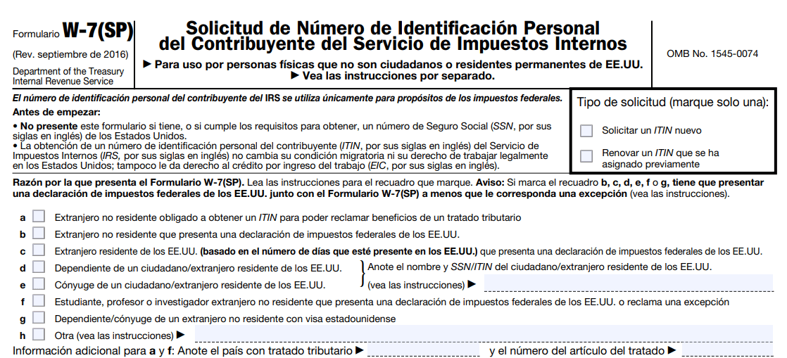 Al Formulario W-7 es necesario adjuntarle los documentos de identificación originales, o copias de los mismos certificados por la agencia emisora, y cualquier otro anexo requerido.
<br>
<br>Marcar en él la razón por la que necesita el ITIN, según está descrito en el Formulario W-7(SP) y las instrucciones del Formulario W-7 (SP).
<br>
<br>Nota: No tiene que adjuntar una declaración de impuestos a una solicitud de renovación.
<br>