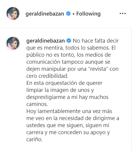 "No hace falta decir que es mentira, todos lo sabemos. El público no es tonto, los medios de comunicación tampoco aunque se dejen manipular por una ‘revista’ con cero credibilidad. En esta orquestación de querer limpiar la imagen de unos y desprestigiarme a mí hay muchos caminos", comenzó su mensaje.
<br>