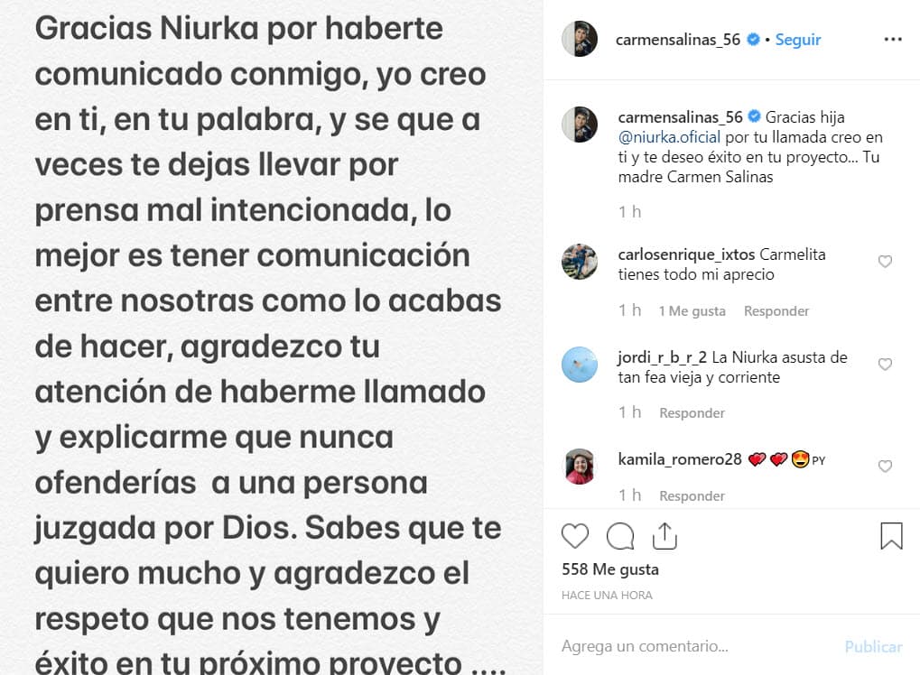 En un fragmento de la publicación Carmen reconoce que la actriz se deja llevar: "[…] Yo creo en ti y sé que a veces 
<b>te dejas llevar por prensa mal intencionada</b>, lo mejor es tener comunicación entre nosotras como lo acabas de hacer".
<br>