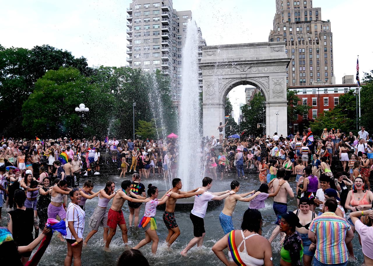 People gather in Washington Square Park for the 3rd annual Queer Liberation March in New York on June 27, 2021. - This weekend's Pride marches in cities around the world come in the wake of a row in Europe over different countries approach to the LGBTQ rights. US President Joe Biden marked Pride Month with joyful optimism and somber reflection on June 25, 2021 as the US president named an LGBTQ rights envoy and created a national memorial marking the deadliest tragedy to hit the country's gay community. (Photo by TIMOTHY A. CLARY / AFP) (Photo by TIMOTHY A. CLARY/AFP via Getty Images)