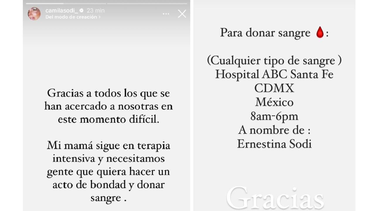 Camila Sodi solicita donadores de sangre para su madre.