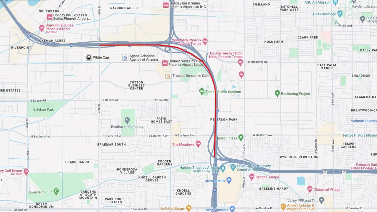 <b>nterestatal 10 Este</b>
<br>La I-10 en dirección este se reducirá a tres carriles entre 40th Street y US 60 de las 10 p.m. del viernes 10 de mayo, a las 2 p.m. del sábado 11 de mayo.
<br>
<br>También cerrará la rampa de la I-10 en dirección este hasta la US 60 en dirección este. 
<br>
<br>
<b>Rutas alternas</b>
<br>Considere usar la rampa HOV de la I-10 en dirección este hasta la US 60 en dirección este.