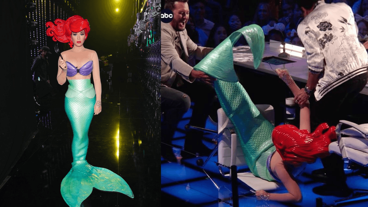 Para una emisión de American Idol, Katy Perry se caracterizó como La Sirenita, pero el traje no la dejó caminar bien y terminó cayendo en plena emisión. La cantante tuvo que ser ayudada por sus compañeros de set.