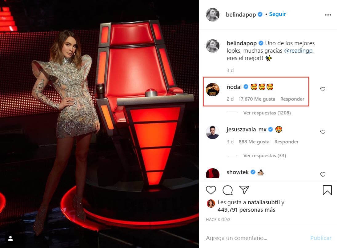 Sin embargo, la pareja no ha dado declaraciones al respecto, aunque 
<b><a href="https://www.univision.com/shows/el-gordo-y-la-flaca/de-un-grupero-a-otro-el-comentario-de-raul-al-enterarse-que-belinda-y-christian-nodal-son-novios-video">Nodal</a> reacciona cariñosamente a las publicaciones</b> que hace la intérprete de 'Sapito'.
<br>