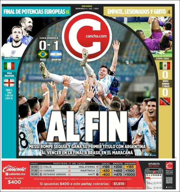 Argentina rompe la maldición y 28 años después consigue, de la mano de Lionel Messi, el título de campeones de la Copa América. La prensa argentina enaltece la hazaña, así como la prensa internacional del continente americano.