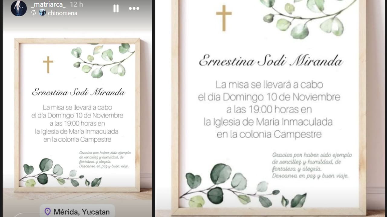 Esta es la invitación a una misa en memoria de Ernestina Sodi que compartió su hija Marina. Está convocada para la noche de este domingo 10 de noviembre en Mérida, Yucatán.